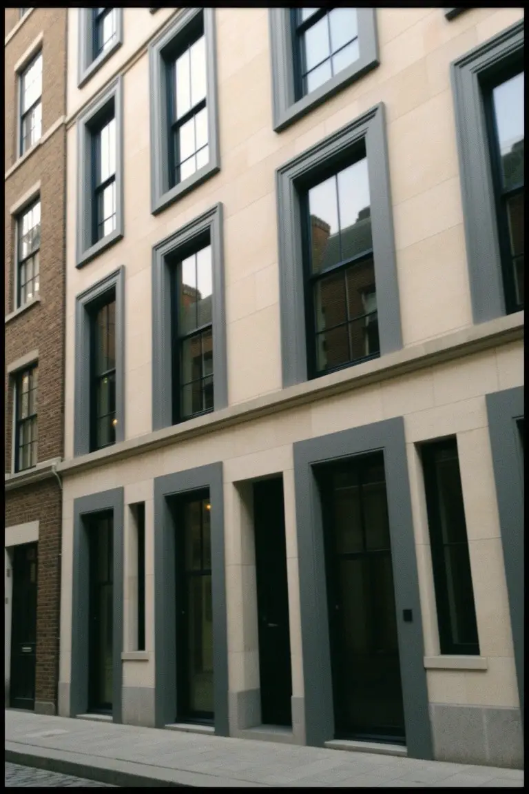 Townhouse exterior featuring deep gray trim around doors and tall windows against light cream walls and brick accents