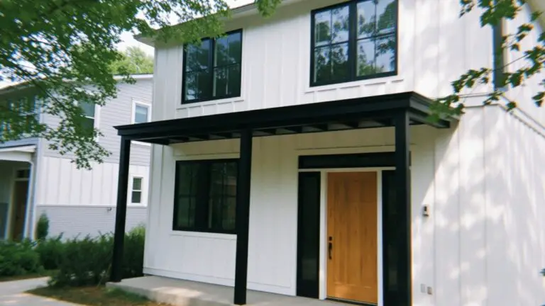 Modern white house with black window trim and warm wood front door