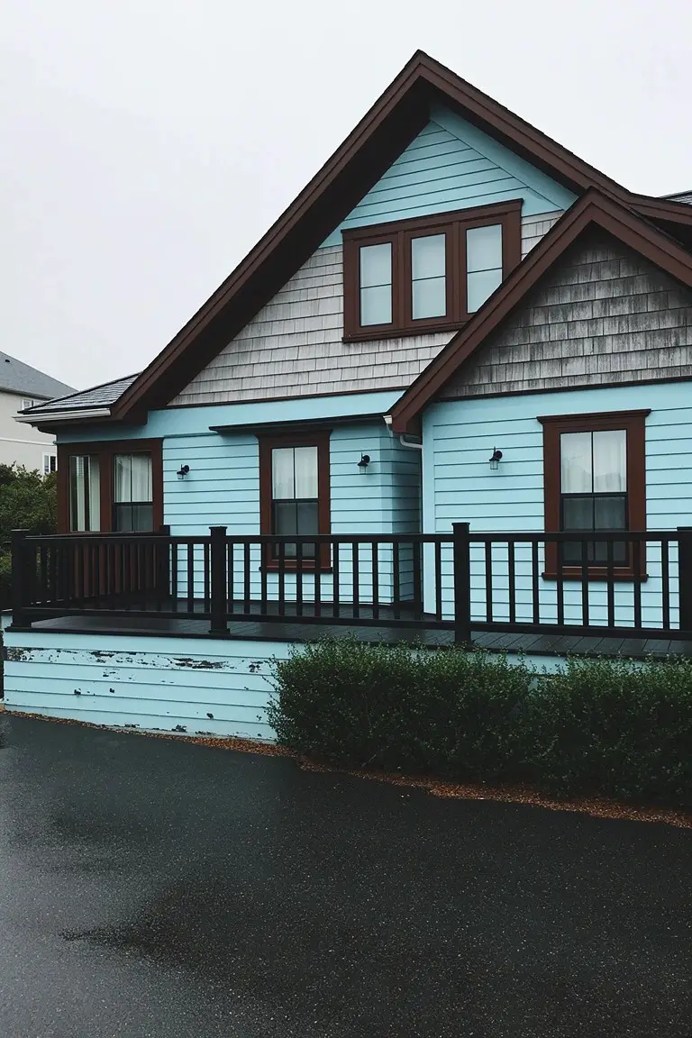 Light blue clapboard house with dark brown trim, wood shingle roof, and black deck railing on a wet driveway