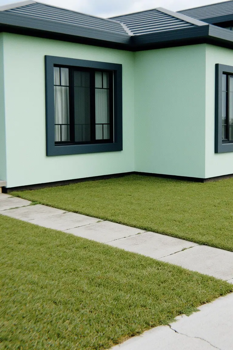 Pale sage green house walls with dark trim framing the windows and leading to a grassy yard