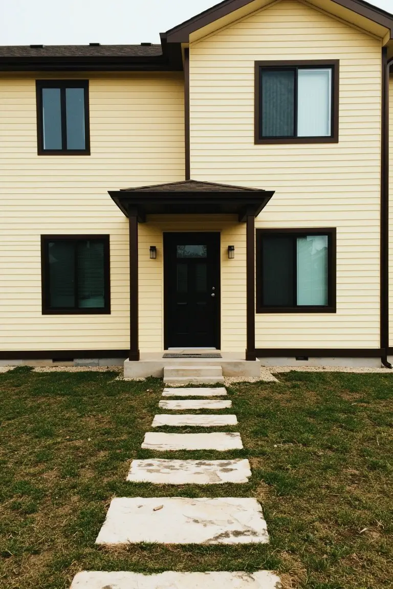 Pale yellow house siding with dark brown trim around windows and a black front door, modern path leading to the entrance