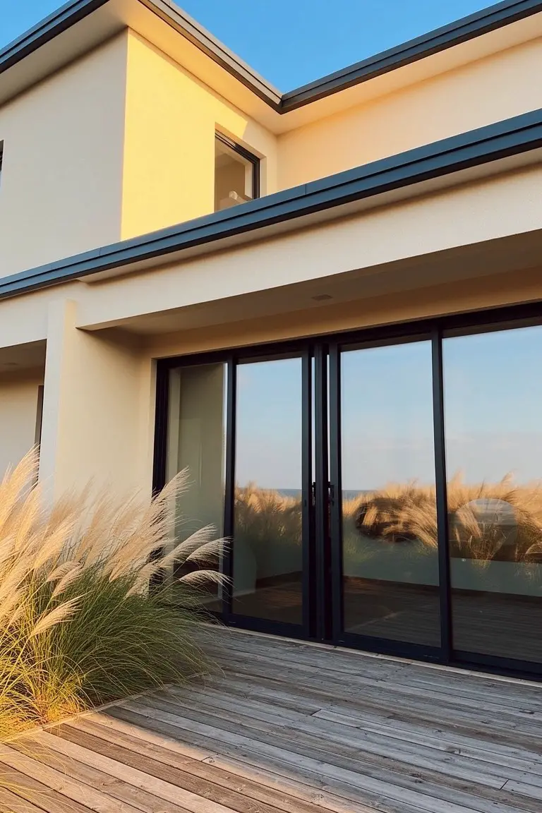 Modern home exterior featuring soft beige siding with black-trimmed sliding doors, wooden deck, pampas grass, and ocean view at sunset