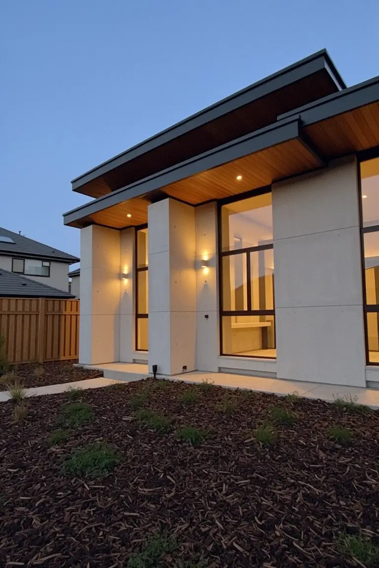 Modern home exterior featuring soft greige stucco walls with dark trim, wood cladding accents, and large windows at dusk