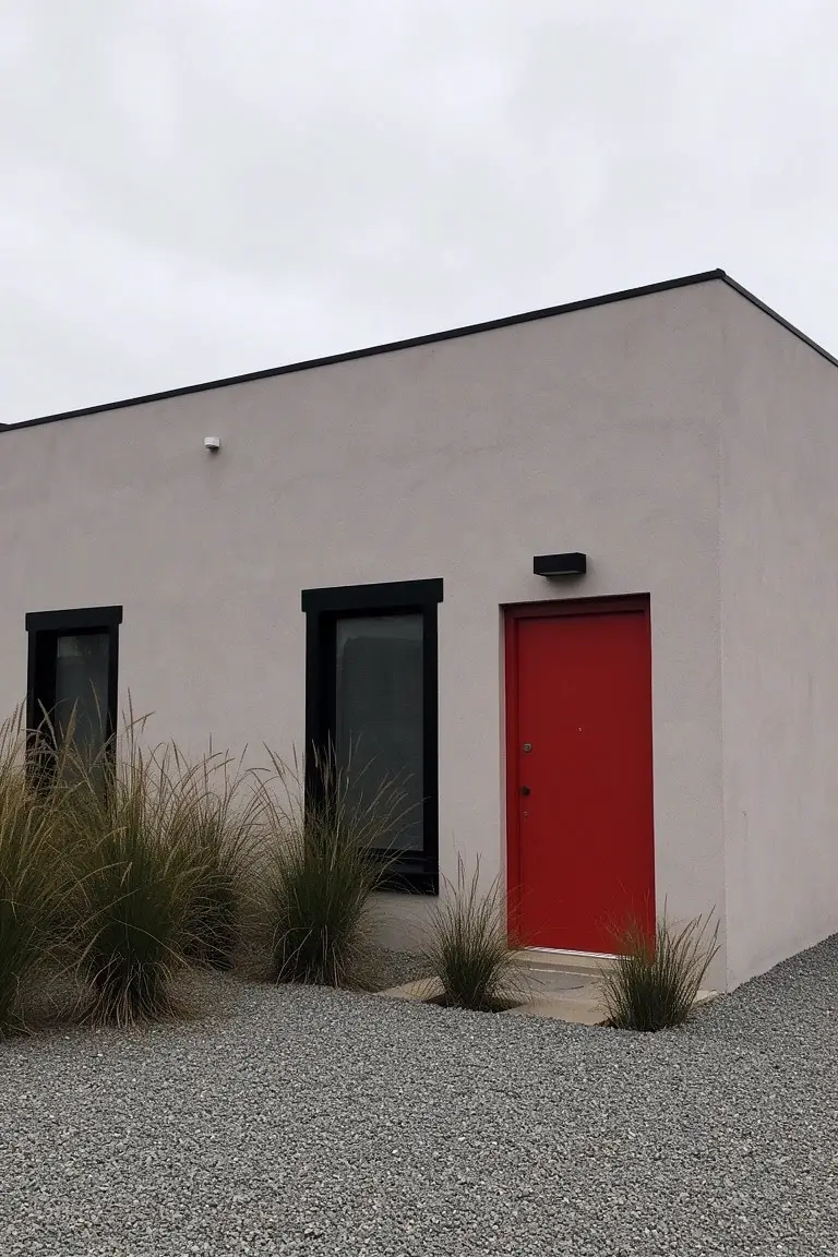Modern stucco home exterior in pale greige with black window frames and red front door amid gravel and grasses