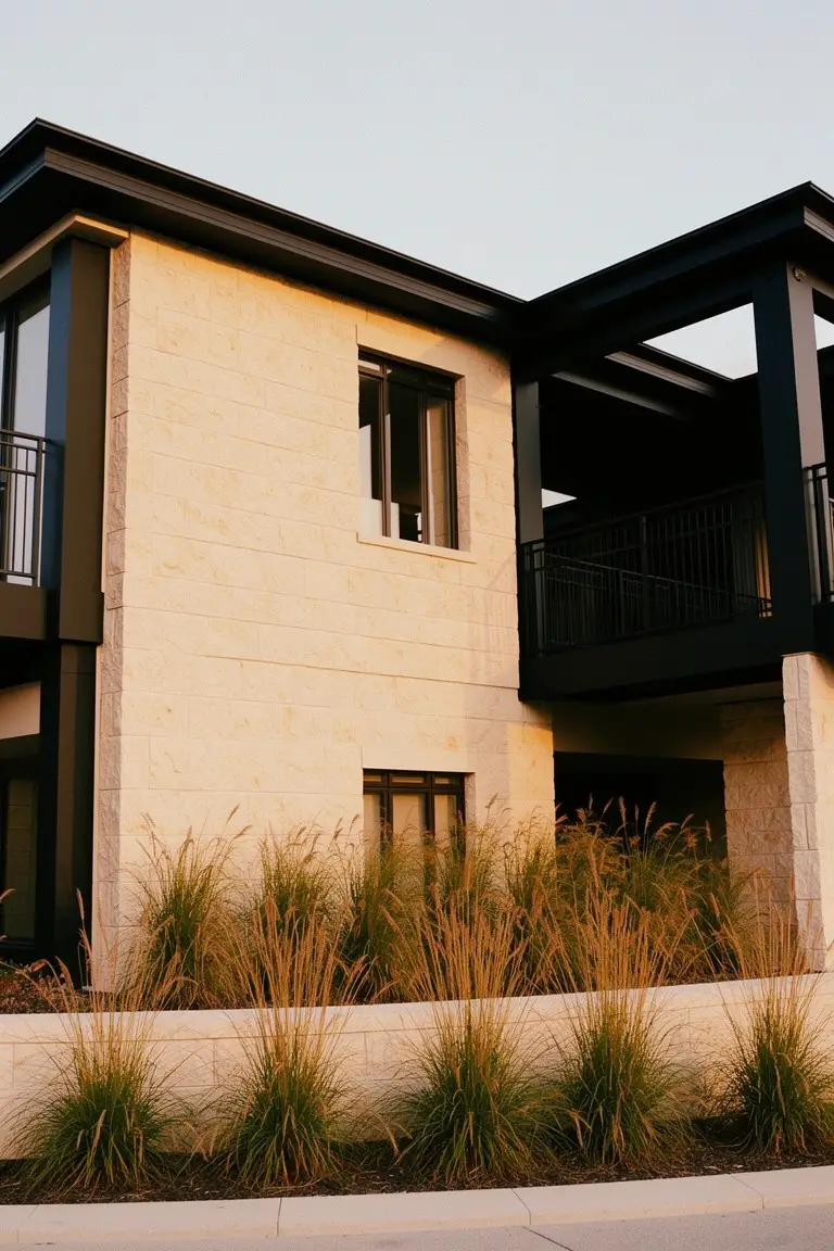 Warm beige stucco walls on modern house with black trim balcony and ornamental grasses