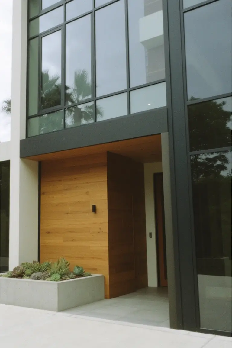 Modern home exterior featuring crisp white walls, matte black window trim, and warm wood door accents with potted succulents nearby