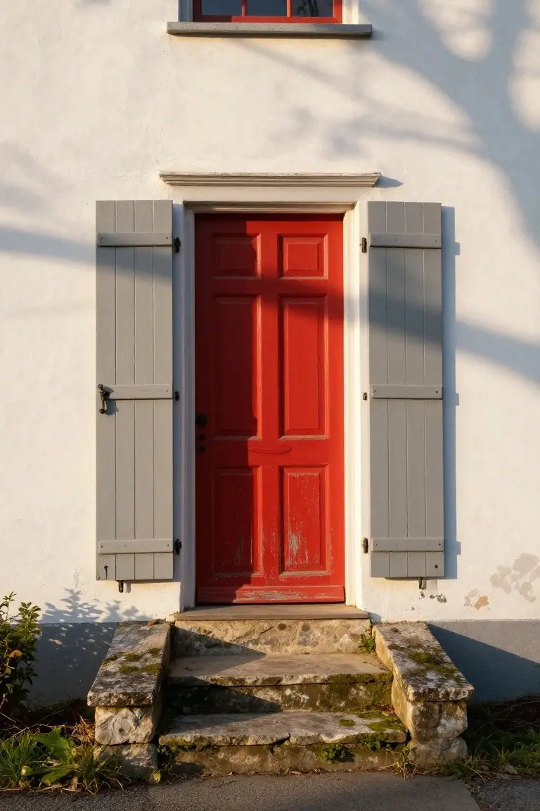 Bright red front door on white exterior wall with gray shutters and stone entry steps