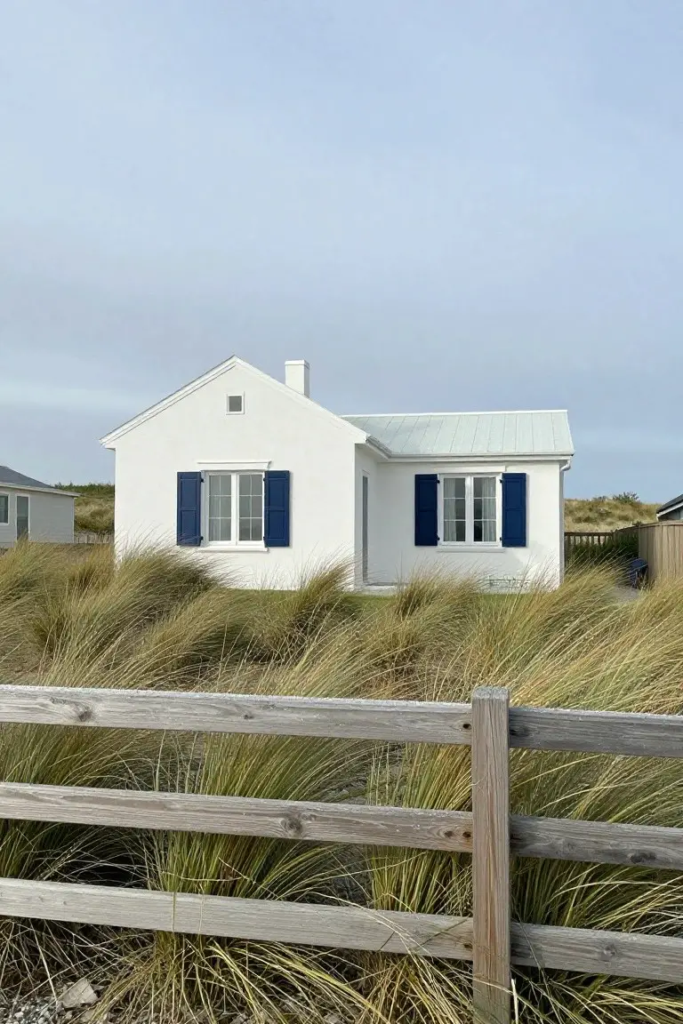 Crisp white exterior paint on a small beach house with blue shutters and dune grass