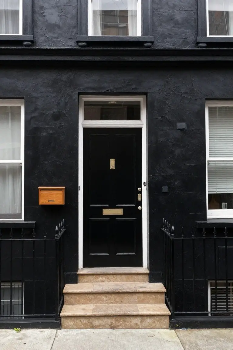 Elegant townhouse with deep matte black exterior walls, white window frames, and black front door