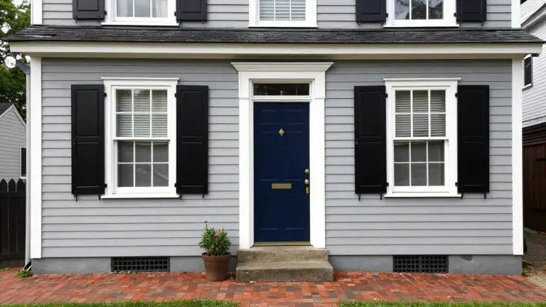 Light gray clapboard house with white trim, blue door, black shutters, and potted plants on brick sidewalk