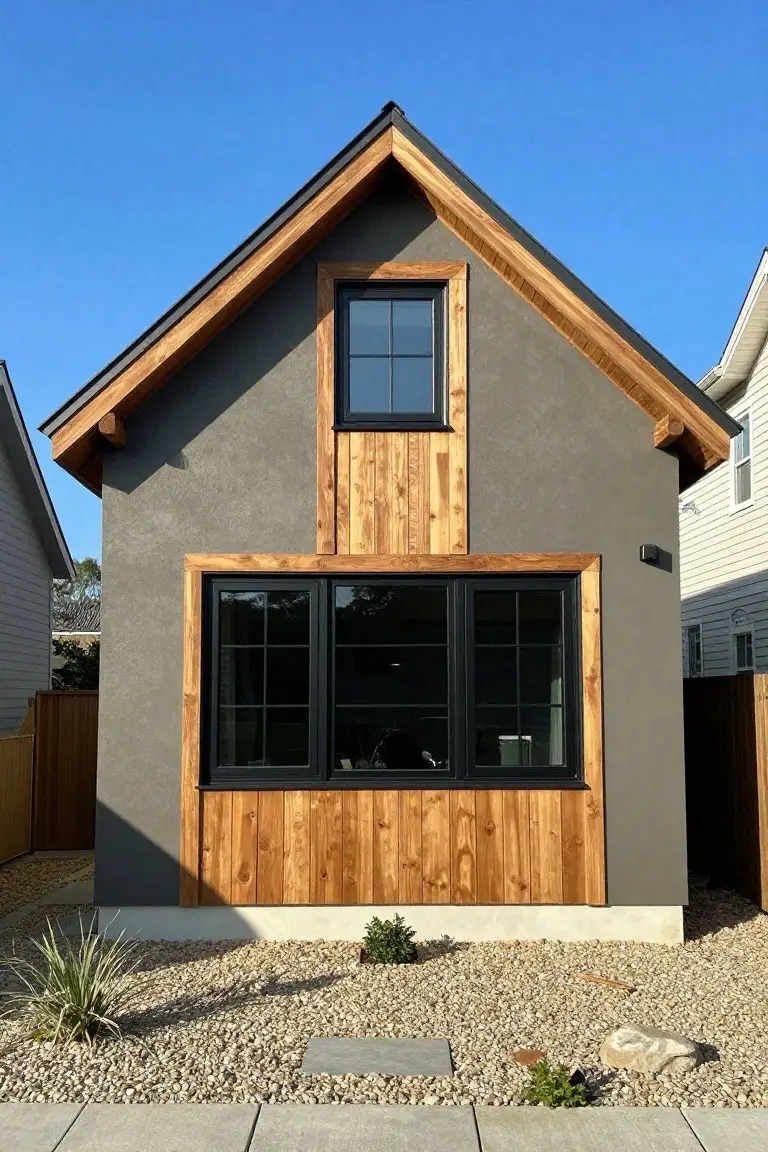 Small modern home with muted warm gray stucco walls, vertical cedar wood accents, black-framed windows, and gravel yard
