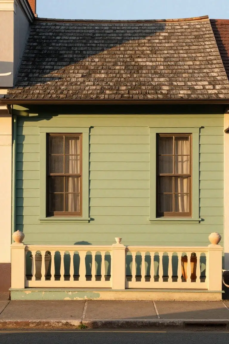Historic clapboard house painted pale sage green with white balustrade railing and dark-framed windows