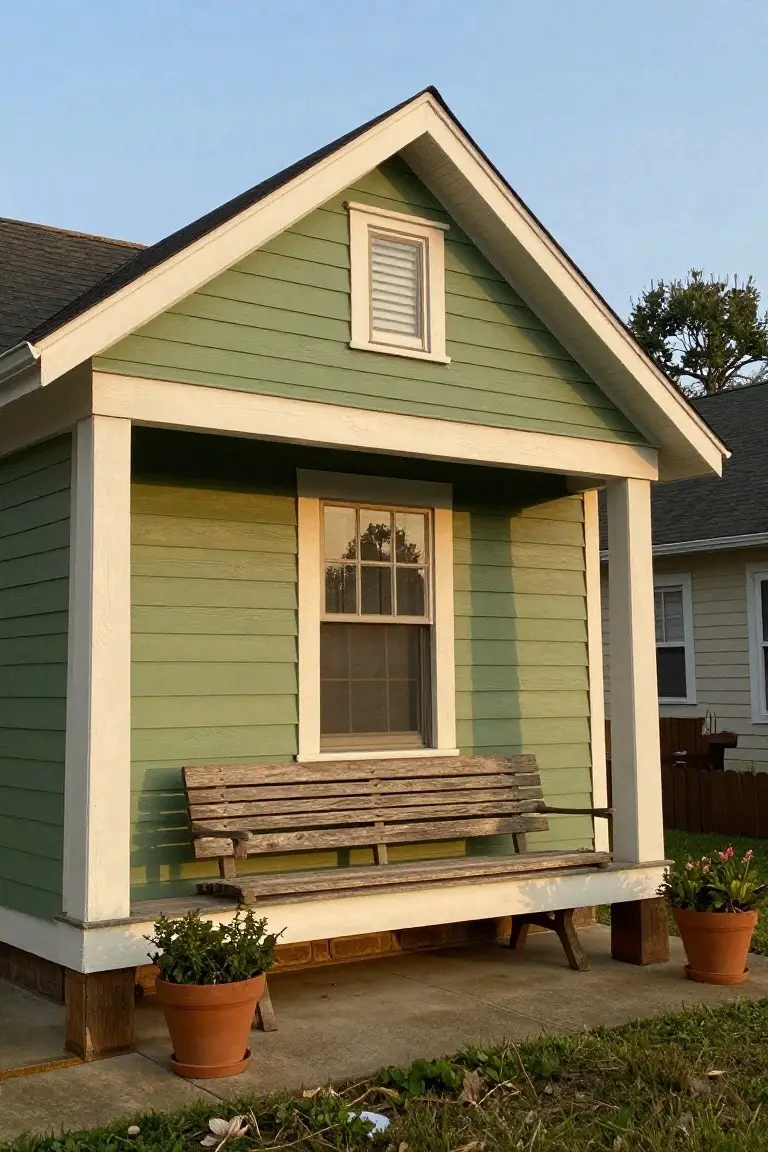 Small sage green cottage house with white trim, front porch bench, and potted plants