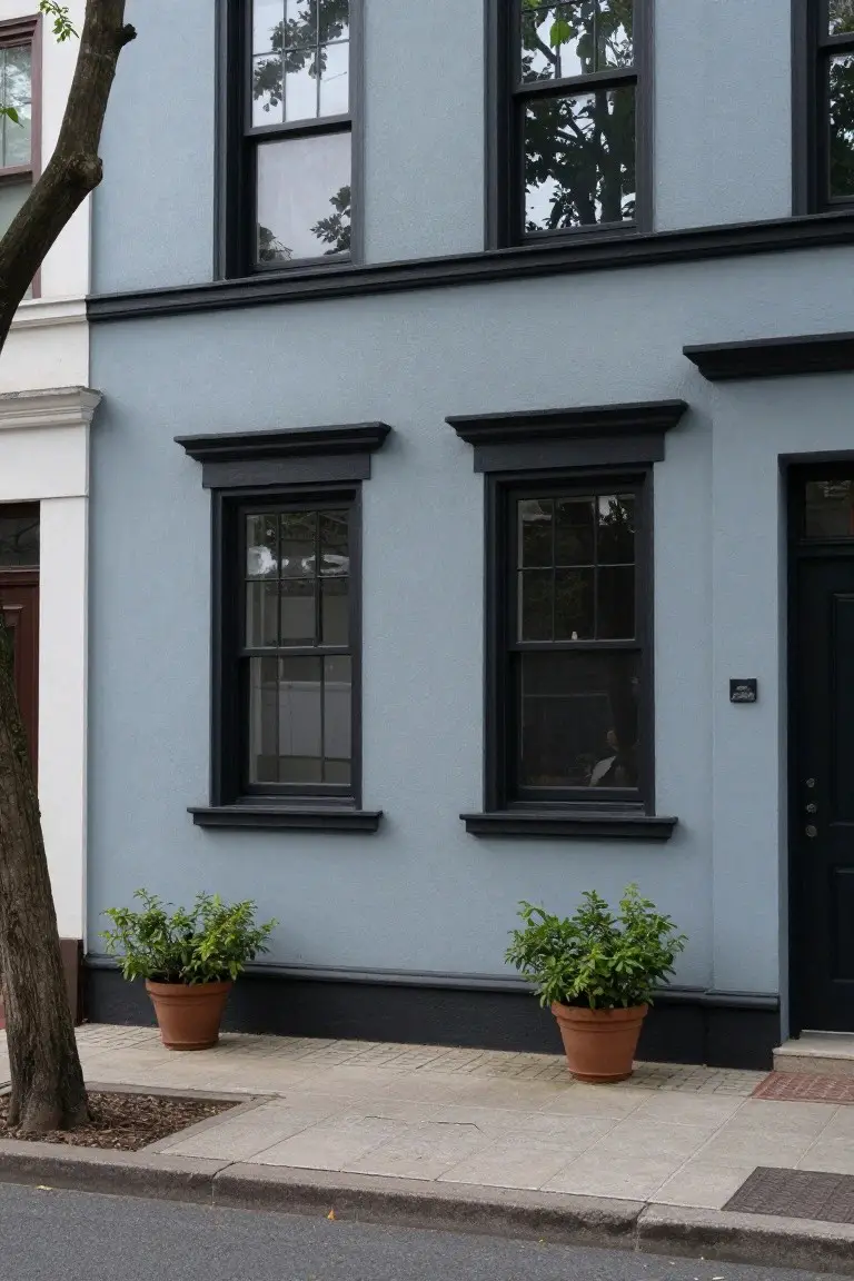 Townhouse exterior in soft blue-gray with black window frames and potted plants