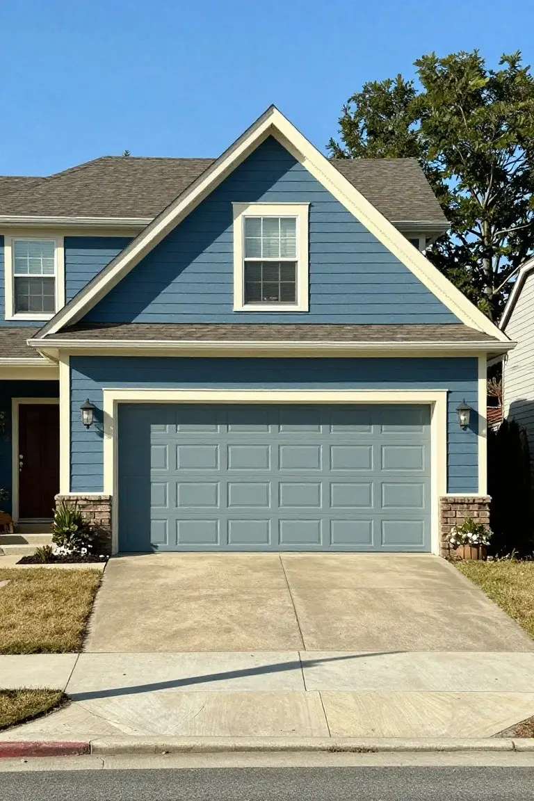 Two-story suburban home with soft blue siding, white trim, gray garage door, red front door, and simple landscaping
