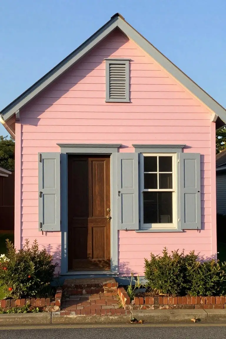 Small cottage painted soft blush pink with gray shutters, wood door, and brick steps