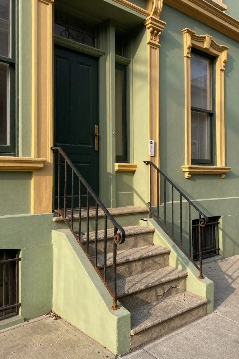 Muted sage green house exterior with yellow trim, dark green door, and black iron stairs