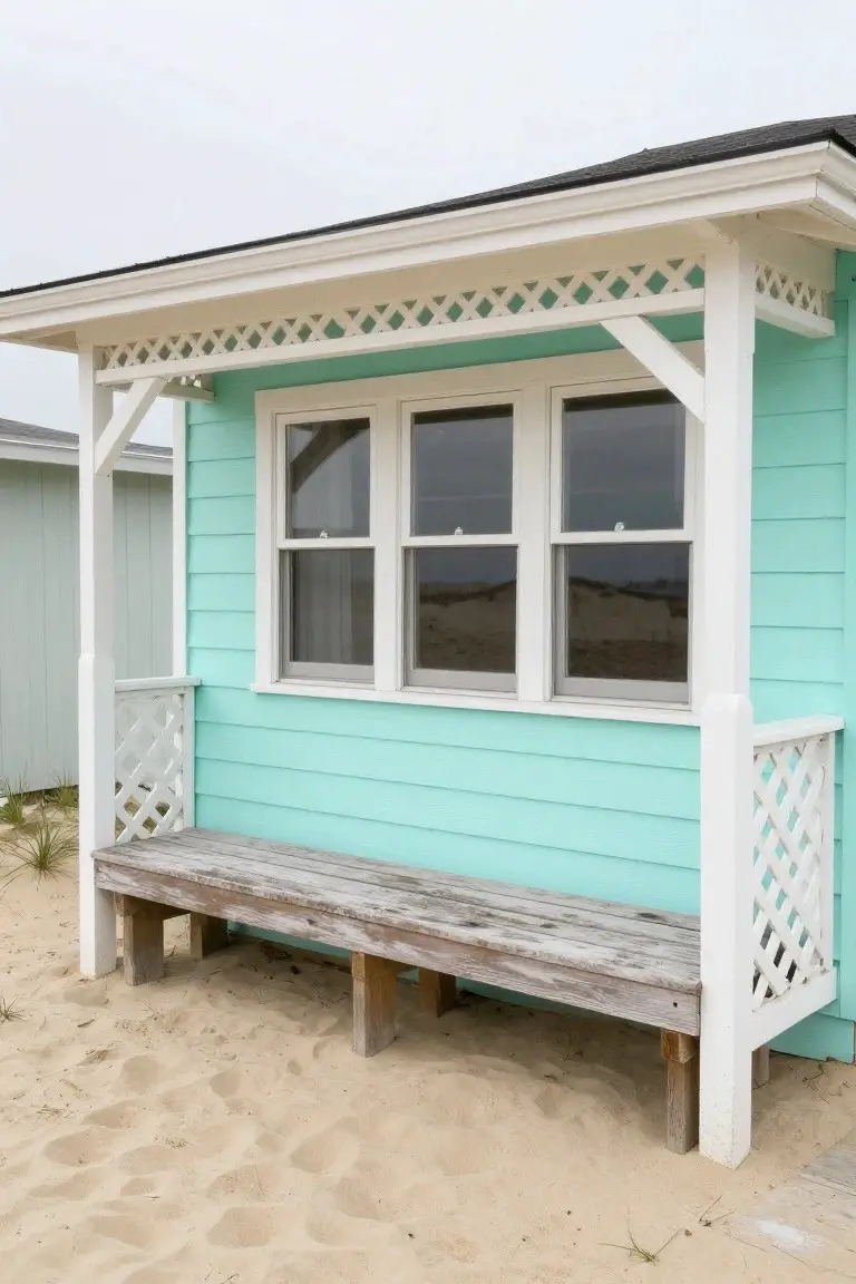 Beach hut exterior with soft turquoise clapboard siding, white trim accents, and a simple wooden bench on sand.