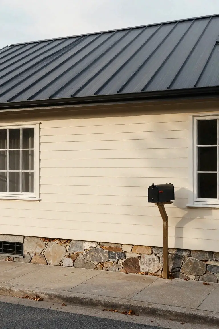 Light warm beige house siding with stone foundation, white-trimmed windows, black mailbox, and dark metal roof under overcast sky