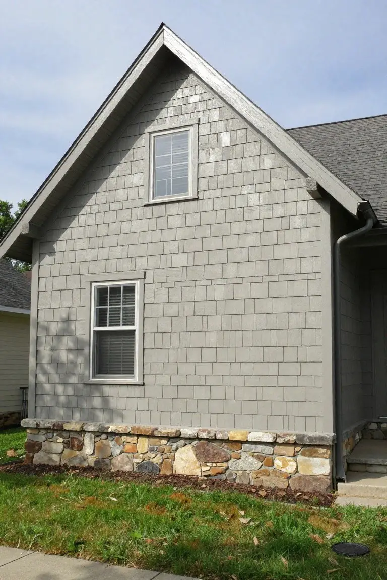 House exterior with warm gray shingle siding over stone foundation, white trim windows, and dark gray roof