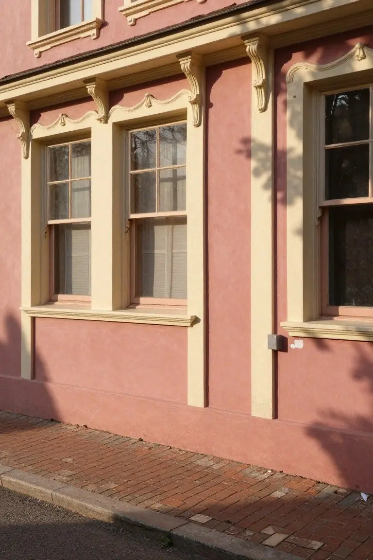 Warm rosy pink exterior walls on a historic home with yellow trim and brick sidewalk