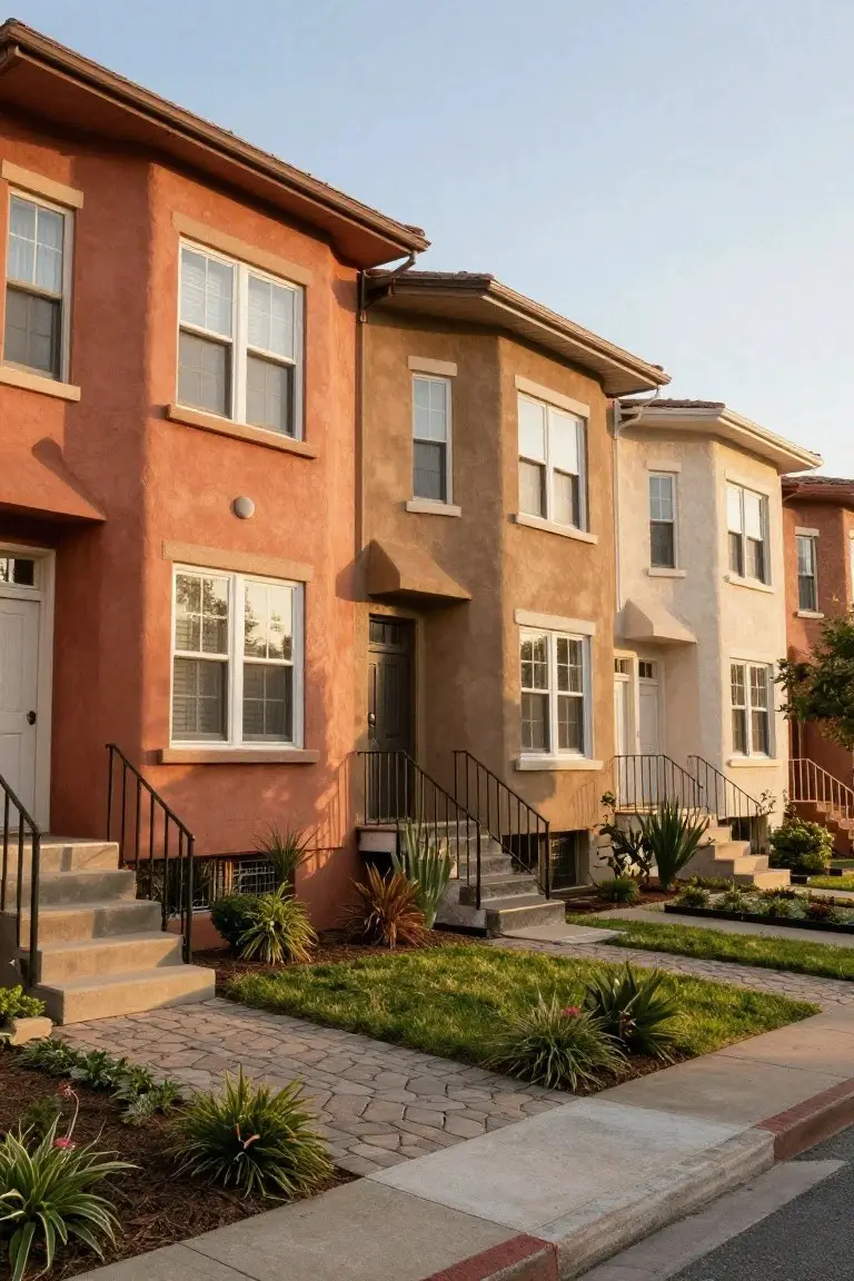 Row of attached homes painted in warm terracotta, tan, and cream stucco with front steps and desert plants