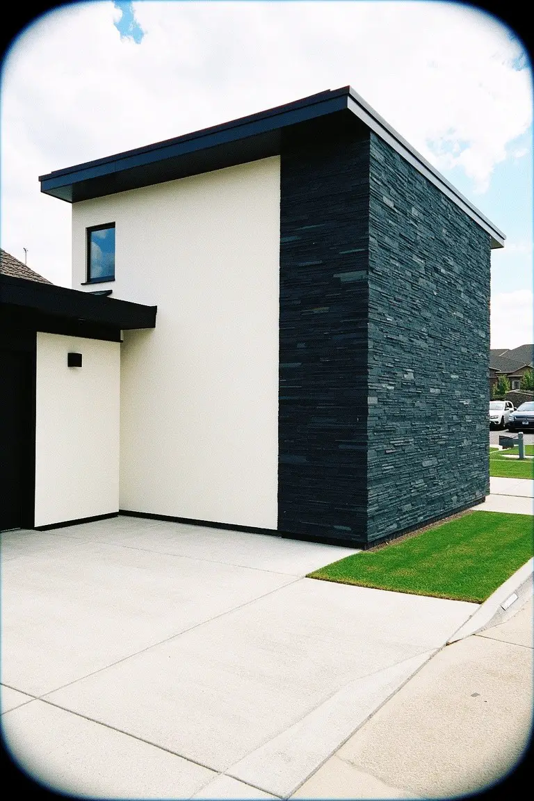Crisp white exterior walls paired with dark stone on a modern home