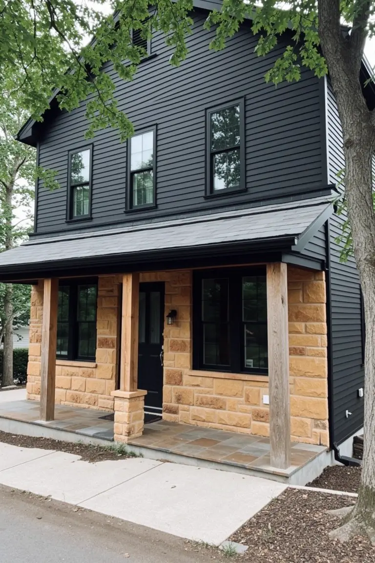 House exterior painted deep charcoal gray siding paired with beige stone accents and wood porch details