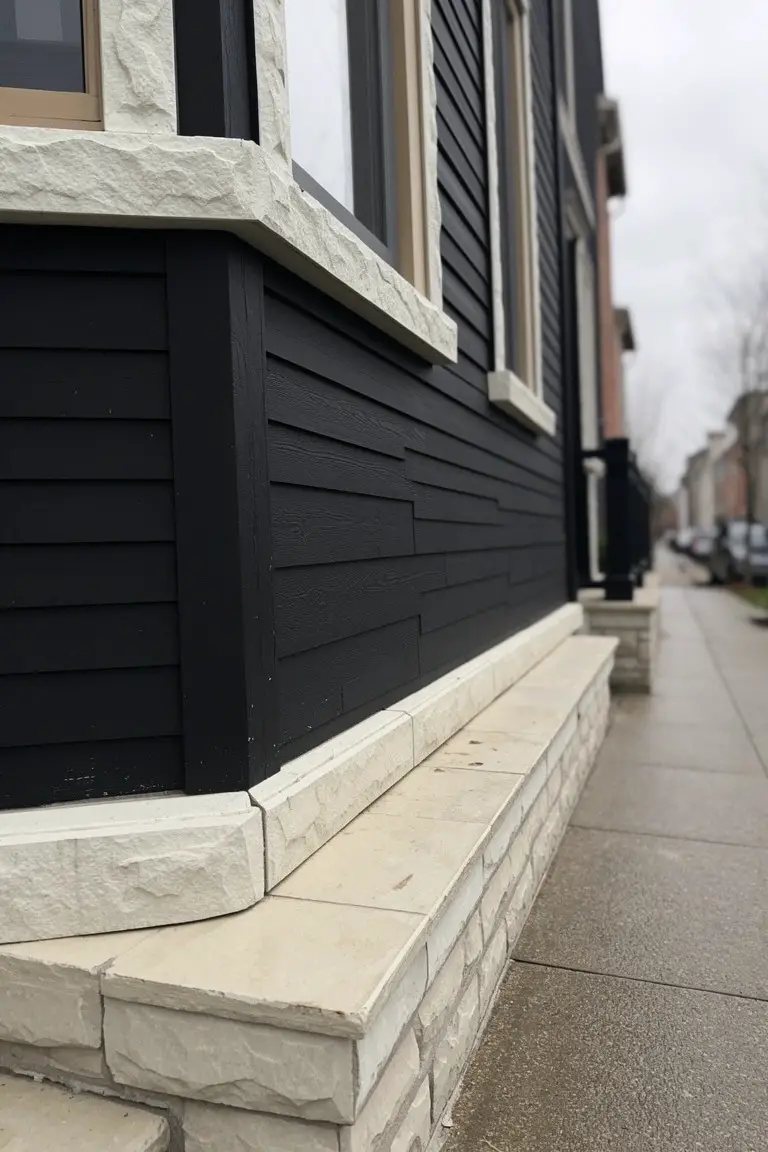 Home exterior featuring deep charcoal painted siding contrasted with light stone base and trim