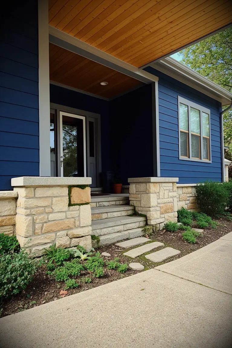 Deep navy blue painted house siding with light stone pillars, wood overhead trim, and low plantings