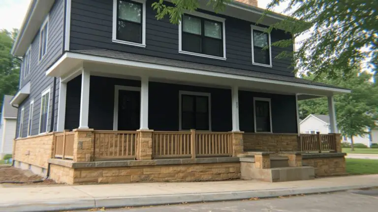 House exterior painted deep charcoal gray siding paired with beige stone accents and wood porch details