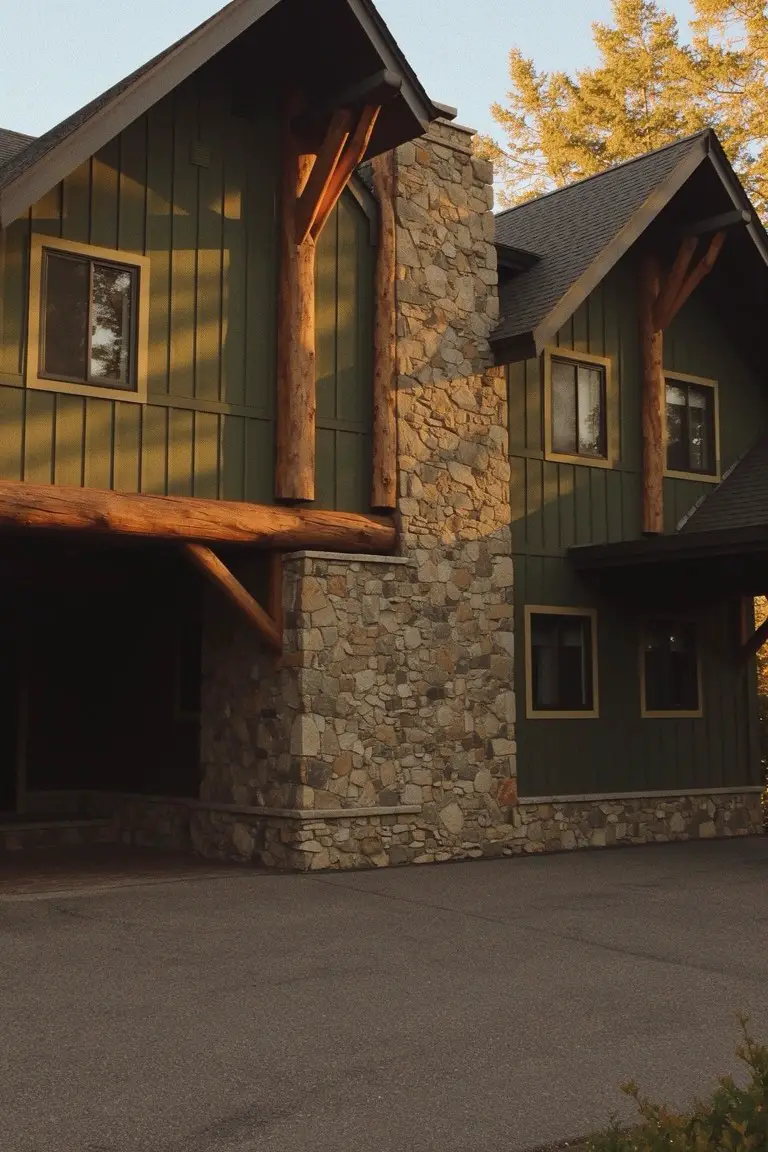 Two-story cabin home with muted olive green siding, rugged stone chimney, and exposed wood beams set against trees at dusk
