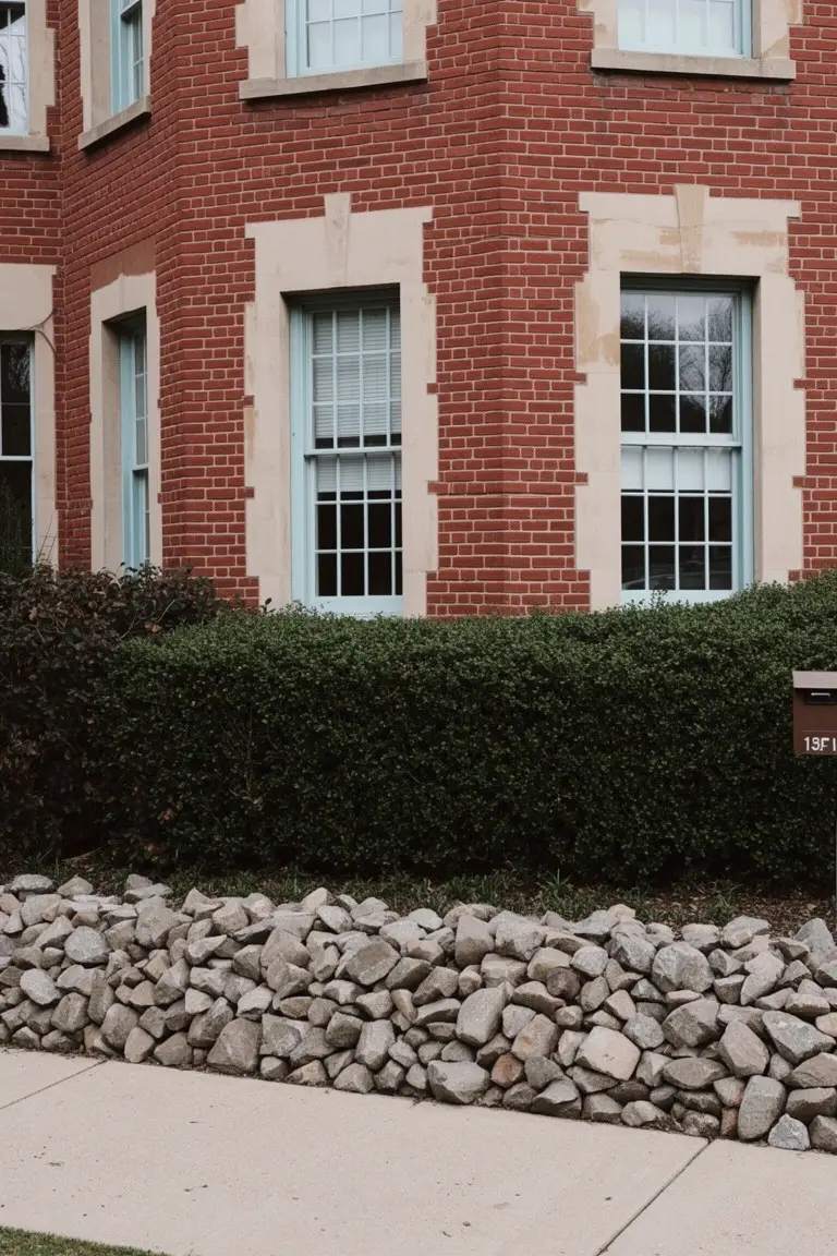 Red brick exterior with pale blue window frames, beige stone accents, and gravel border