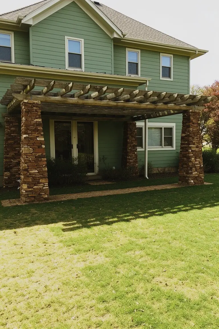 House exterior painted pale sage green with stone pillars and pergola on a grassy lawn