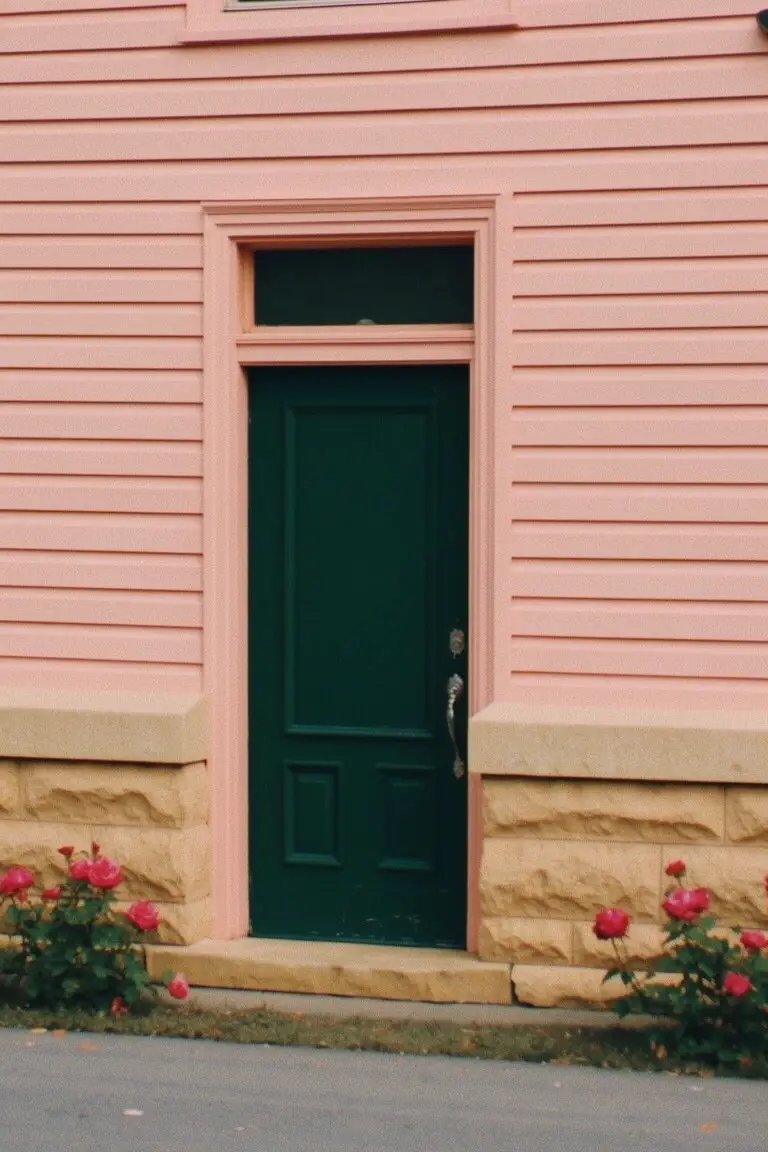 Soft blush pink clapboard house siding with deep green door, beige stone foundation, and red flower accents
