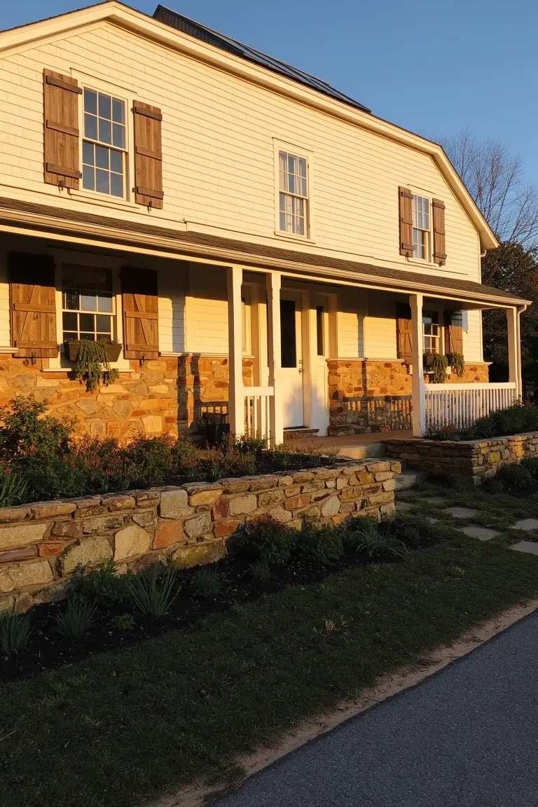 Pale warm beige clapboard house exterior with stone foundation, white trim, wood shutters, and landscaped stone wall