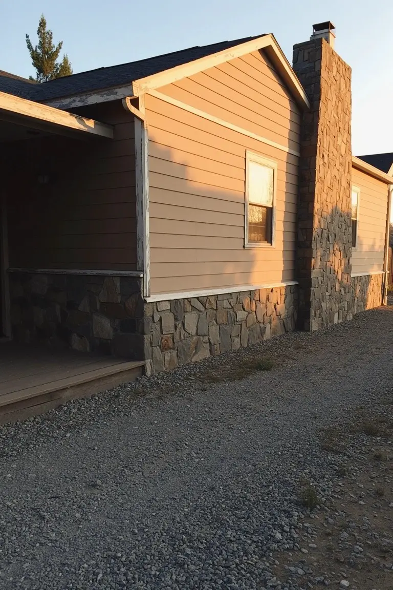 Warm beige exterior siding on a house with stone chimney and accents, gravel driveway