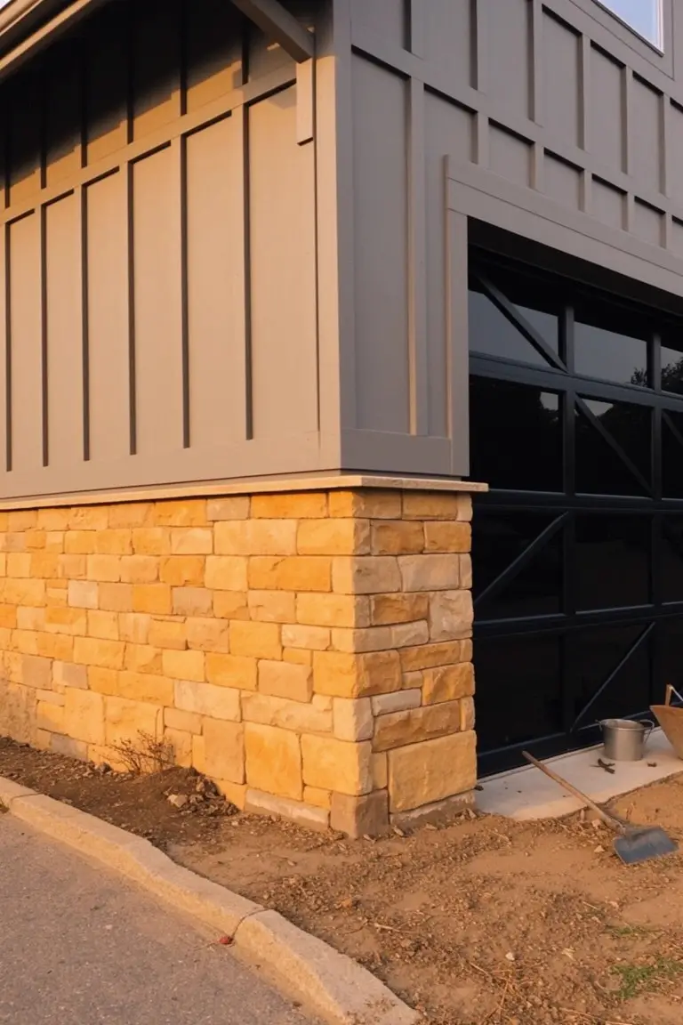 Warm greige siding on a house corner with beige stone foundation and black garage door