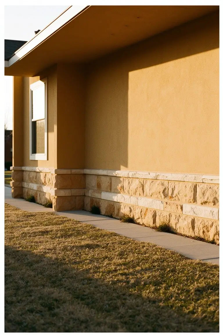 Warm tan stucco house wall with textured stone base and subtle shadows