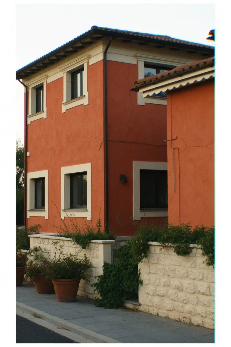 Two-story stucco home painted warm terracotta with beige stone base and greenery