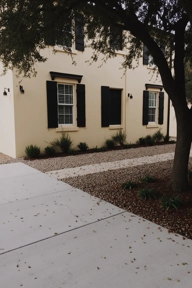 Ranch house exterior painted creamy beige with black shutters, white window trim, gravel walkway, and live oak tree
