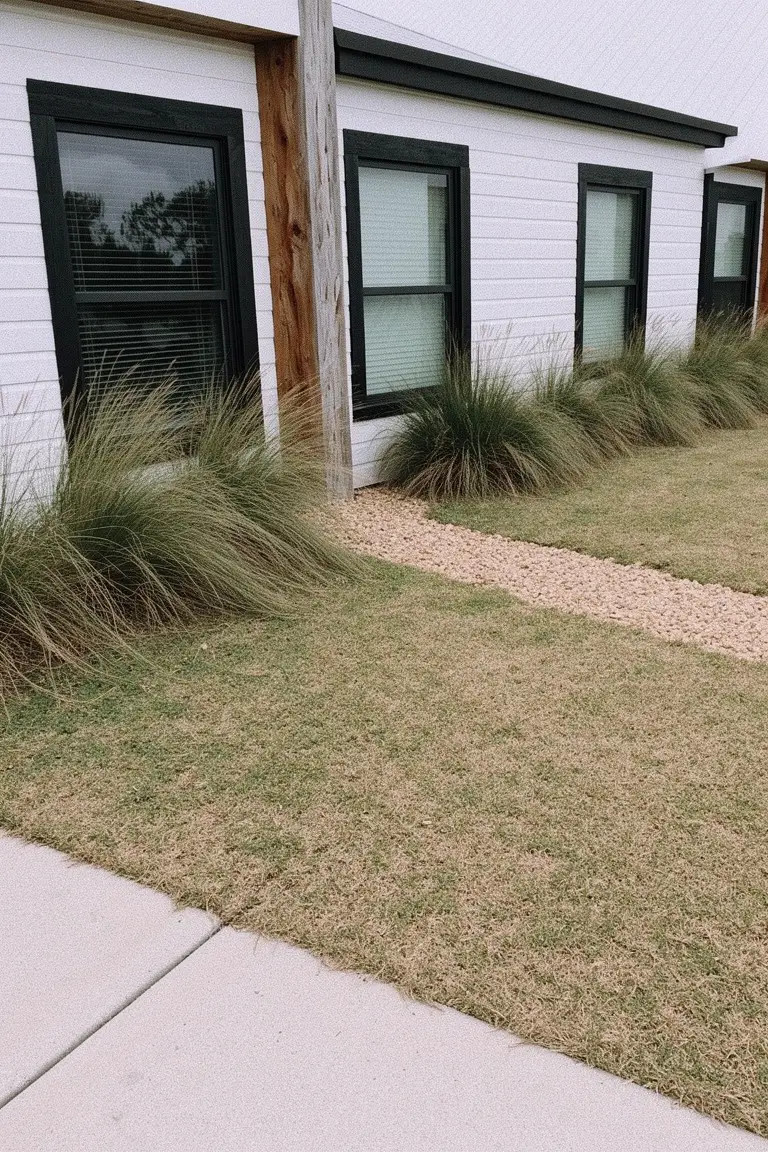 Ranch house exterior in crisp white siding with black window frames and wood trim accents