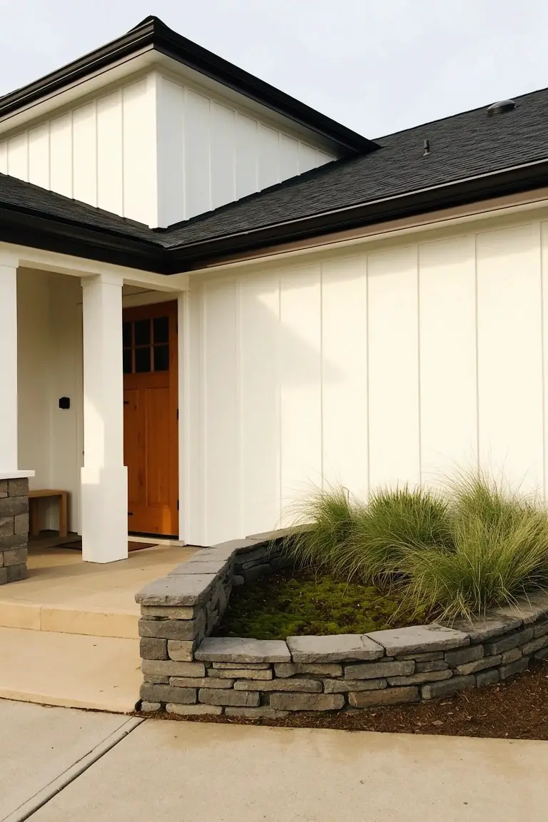 Ranch house exterior with crisp white siding, black roof, wood door, and stone landscaping