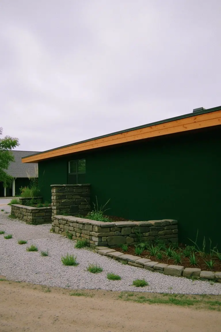 Ranch-style house with deep green siding, orange roof trim, and stone planters along a gravel path