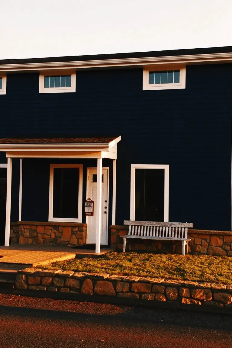 Ranch house with deep navy blue siding, white trim and porch, stone foundation, and bench in warm evening light