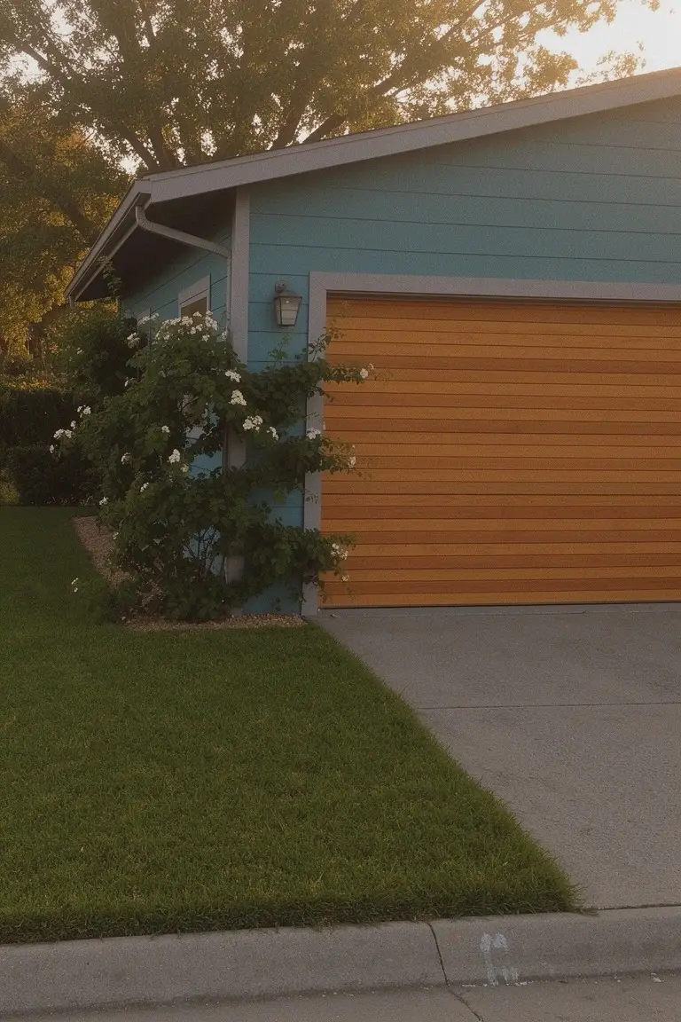 Ranch house with pale blue-green siding, wooden garage door, rose bushes, and green lawn in golden hour light