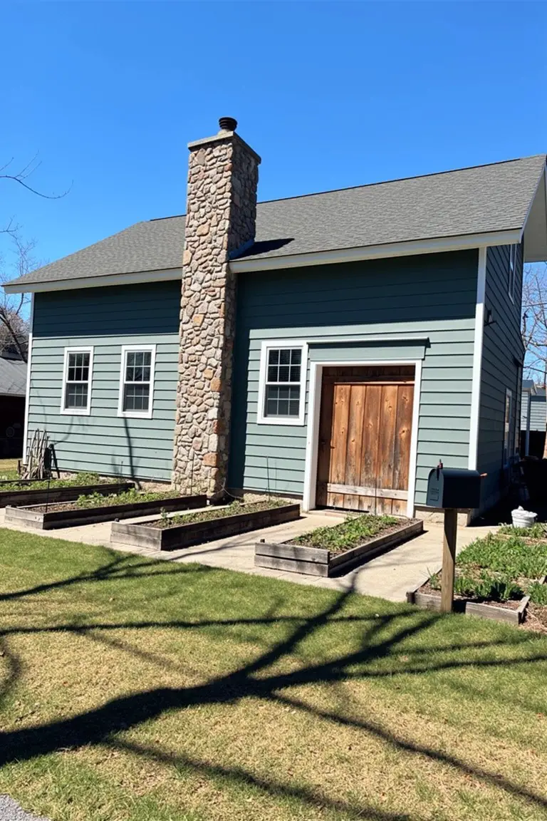 Ranch house exterior in soft blue-green siding with tall stone chimney, weathered wood door, and front raised garden beds