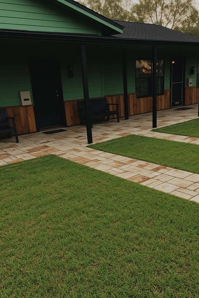 Ranch-style house exterior painted soft sage green with black trim posts, wood bench seating, and paver walkway