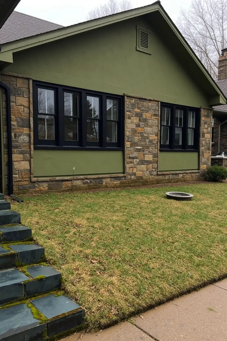 Ranch house with muted sage green siding, stone base accents, black-framed windows, and slate steps on a lawn