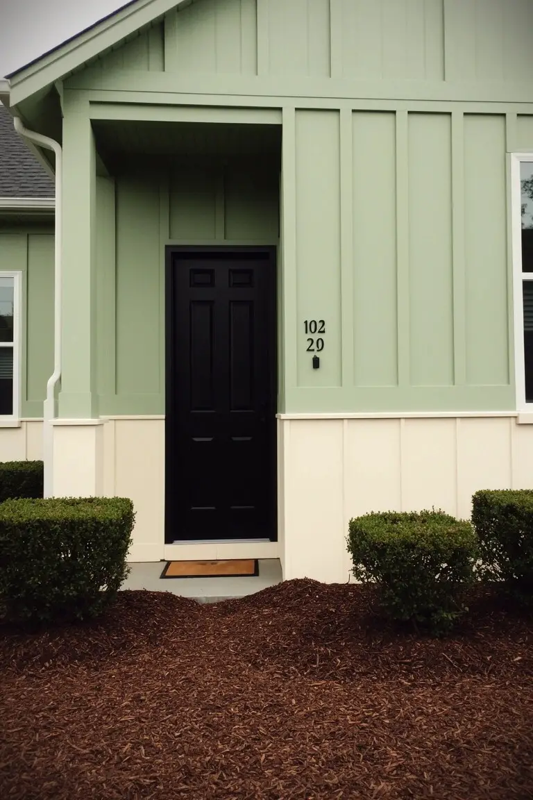 Ranch house exterior in pale sage green with black door, white trim, and simple landscaping